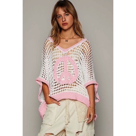 POL White & Pink Peace Sign Sheer Open Weave Layering Top - Picture 7 of 9